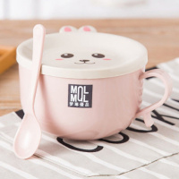 不锈钢泡面碗带盖宿舍学生饭盒上班便携保温便当盒饭碗大号带筷勺 兔子-粉色[送勺子] 碗+青花瓷二件套