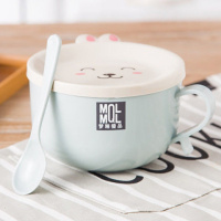 不锈钢泡面碗带盖宿舍学生饭盒上班便携保温便当盒饭碗大号带筷勺 兔子-蓝色[送勺子] 碗+盒装三件套