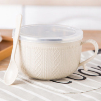 不锈钢泡面碗带盖宿舍学生饭盒上班便携保温便当盒饭碗大号带筷勺 纯色款-米色[送勺子] 碗