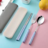 【三件套】便携式小麦秸秆加厚不锈钢成人勺子筷子叉学生旅行餐具 【圆勺】北欧蓝色 任选三支+盒子（联系客服备注）