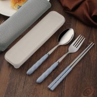 [三件套]便携式小麦秸秆加厚不锈钢成人勺子筷子叉学生旅行餐具 [尖勺]北欧蓝色 任选三支+盒子(联系客服备注)