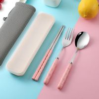 [三件套]便携式小麦秸秆加厚不锈钢成人勺子筷子叉学生旅行餐具 [圆勺]北欧粉色 勺子+筷子+餐叉+收纳盒+收纳袋
