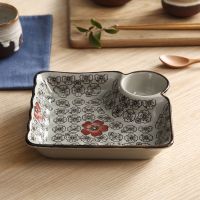 饺子盘带醋碟创意陶瓷盘子早餐分格菜盘家用菜碟子日式餐具方盘 红富贵 中号