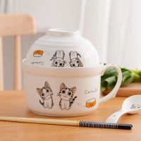卡通陶瓷泡面碗微波炉带盖大号学生餐具套装家用饭盒可爱宿舍勺筷 5.5英寸面杯盖碗（勺筷）起司猫