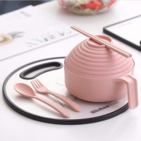 日式学生宿舍泡面碗神器带盖小麦秸秆餐具便当饭盒方便面碗筷套装 北欧粉 佛系泡面碗5件套+餐具盒