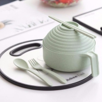 日式学生宿舍泡面碗神器带盖小麦秸秆餐具便当饭盒方便面碗筷套装 北欧绿 小麦圆口杯