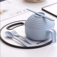 日式学生宿舍泡面碗神器带盖小麦秸秆餐具便当饭盒方便面碗筷套装 北欧蓝 佛系泡面碗5件套