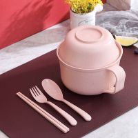 小麦秸秆餐具泡面碗大号带盖学生宿舍家用方便面碗筷5件套装饭盒 北欧粉 泡面碗5件套+餐具盒