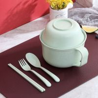小麦秸秆餐具泡面碗大号带盖学生宿舍家用方便面碗筷5件套装饭盒 北欧绿 泡面碗5件套+餐具盒