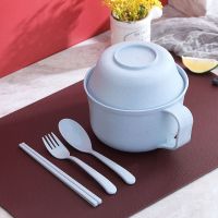 小麦秸秆餐具泡面碗大号带盖学生宿舍家用方便面碗筷5件套装饭盒 北欧蓝 泡面碗5件套