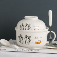 陶瓷卡通泡面碗创意学生碗餐具套装可爱宿舍泡面杯大号带盖勺筷子 5.5寸面杯盖碗起司猫（送叉勺筷）