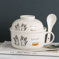 陶瓷卡通泡面碗创意学生碗餐具套装可爱宿舍泡面杯大号带盖勺筷子 5.5英寸面杯盖碗(送勺筷)起司猫