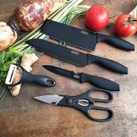 家用菜刀德国技术厨房用品水果刀具厨房剪不锈钢家用菜刀菜板套装 黑色五件带厨房剪