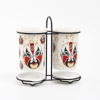 厨房陶瓷沥水筷子笼创意架子筷子盒套装餐具收纳盒置物架筷子筒套 套二铁架脸谱