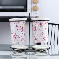 厨房陶瓷沥水筷子笼创意架子筷子盒套装餐具收纳盒置物架筷子筒套 铁架红花筷筒