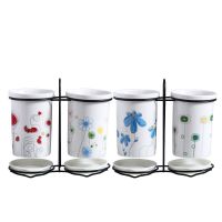 厨房陶瓷沥水筷子笼创意架子筷子盒套装餐具收纳盒置物架筷子筒套 铁架手绘花筷筒(花面随机)