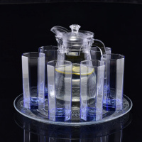 玻璃杯套装家用6只装客厅耐热泡茶水杯果汁杯带把杯冷水壶带托盘 6只高蓝八角+1.3升鸭嘴壶+大托盘