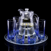 玻璃杯套装家用6只装客厅耐热泡茶水杯果汁杯带把杯冷水壶带托盘 6只高蓝四方+1.3升鸭嘴壶+大托盘