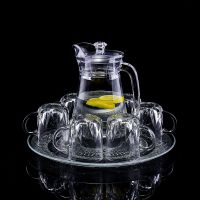 玻璃杯套装家用6只装客厅耐热泡茶水杯果汁杯带把杯冷水壶带托盘 6只菱形把杯+1.3升鸭嘴壶+大托盘