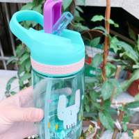 [带锁扣更安全]便携式儿童塑料杯学生吸管杯男女水杯可爱水壶 普通款绿色小兔 杯子+杯套+杯刷