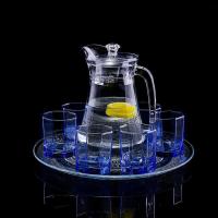 玻璃杯套装家用6只装客厅耐热泡茶水杯果汁杯带把杯冷水壶带托盘 6只矮蓝八角+1.3升鸭嘴壶+大托盘