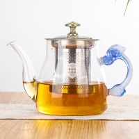 加热玻璃煮茶壶套装全套养生玻璃花茶壶煮茶炉茶具家用小型烧水壶 600毫升蓝把手吉祥壶 壶+电热炉+4杯