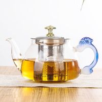 加热玻璃煮茶壶套装全套养生玻璃花茶壶煮茶炉茶具家用小型烧水壶 600毫升蓝把手平底壶 壶+新款500W电热炉+4杯