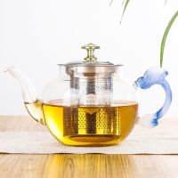 加热玻璃煮茶壶套装全套养生玻璃花茶壶煮茶炉茶具家用小型烧水壶 700毫升蓝把手苹果壶 壶+新款800W电热炉+4杯