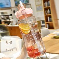 带吸管大容量便携式水杯男女夏天潮流塑料杯子户外便携式水瓶壶 粉色2000ml