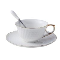 欧式小奢华咖啡杯套装高档骨瓷浮雕马克陶瓷杯家用下午茶杯子碟勺D6|荷口款式 4杯+4碟+4勺+黑色架子