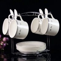 欧式陶瓷杯咖啡杯套装 高档金边创意4件套 骨瓷咖啡杯碟勺带架子|一品银 4杯4碟4勺带架子+送2勺