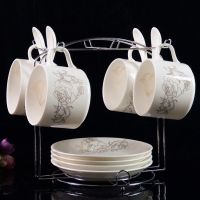 欧式陶瓷杯咖啡杯套装 高档金边创意4件套 骨瓷咖啡杯碟勺带架子|黄金牡丹 4杯4碟4勺带架子+送2勺