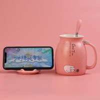 ins可爱少女心陶瓷猫咪杯子带支架手机马克杯带盖勺早餐杯咖啡杯