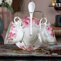 陶瓷咖啡杯套装 英式个性简约下午茶杯茶具家用带勺带碟送架X3|牡丹2杯碟送勺送架