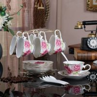 陶瓷咖啡杯套装 英式个性简约下午茶杯茶具家用带勺带碟送架X3|红色爱恋6杯碟送勺送架