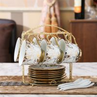 咖啡杯马克杯水杯子 家用陶瓷茶具套装套具欧式咖啡杯创意牛奶杯|如意6杯碟+6勺+高档架