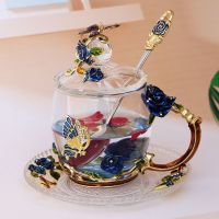 珐琅彩水杯玻璃杯子带盖套装家用耐热花茶杯J1