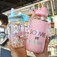 大容量1000ml玻璃水杯子女背带吸管可爱少女便携超大学生防摔儿童