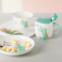 儿童马克杯子可爱小恐龙陶瓷水杯盘子吃饭碗家用宝宝点心餐具套装
