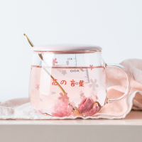 保温玻璃杯ins风家用可爱樱花水杯简约刻度带把清新少女茶杯森系