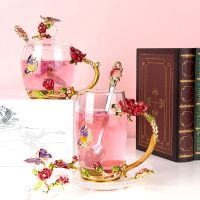 珐琅彩玫瑰杯家用水杯情侣杯牛奶杯节日礼物水晶杯个性定制玻璃杯