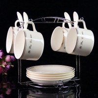 欧式陶瓷杯咖啡杯套装时尚高档金边创意4件套骨瓷杯碟勺带架子|一品金边