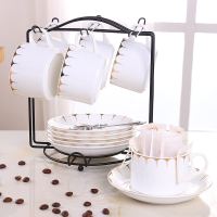 啡忆欧式陶瓷杯咖啡杯套装 简约咖啡杯6件套家用小奢华咖啡杯碟勺|金流苏(6杯6碟6勺1杯架)