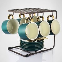 啡忆欧式陶瓷杯咖啡杯套装 简约咖啡杯6件套家用小奢华咖啡杯碟勺|黑架藏蓝奢华6件套