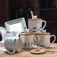 创意猫咪和鱼 小白兔子咖啡杯带盖带勺学生情侣马克杯水杯子