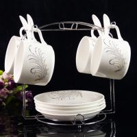 欧式陶瓷杯咖啡杯套装 高档金边创意4件套 骨瓷咖啡杯碟勺带架子|吉祥凤 4杯4碟4勺带架子+送2勺