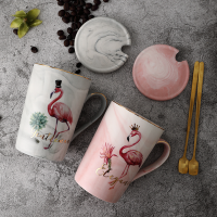 大理石纹陶瓷水杯马克杯焰火烈鸟咖啡杯带盖勺牛奶杯情侣杯办公杯