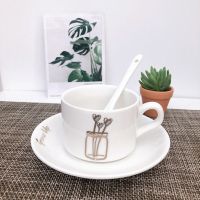 欧式陶瓷咖啡水杯碟套装创意简约家用骨瓷咖啡碟勺|金花盆款(带碟勺)