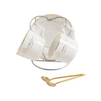 新款简约欧式咖啡杯碟架花茶陶瓷套装便携水杯子英式茶具家用创意|金英文 两杯两碟两勺送架子