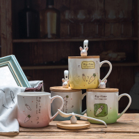 zakka创意日式小猫咪爱吃鱼陶瓷杯咖啡水杯子牛奶杯马克杯带盖勺